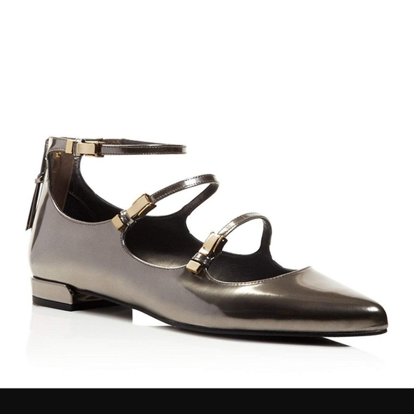Stuart Weitzman Shoes - Stuart Weitzman Flippy Three Strap Mary Jane Pointed Ballet Flats Gray 38.5